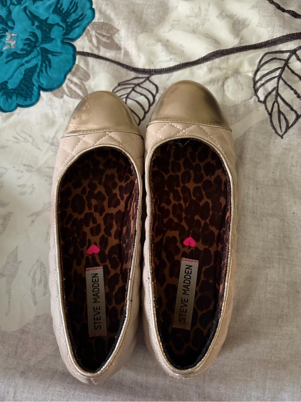 Steve Madden Beige Quilted Ballet Flats with Metallic Gold Cap Toe